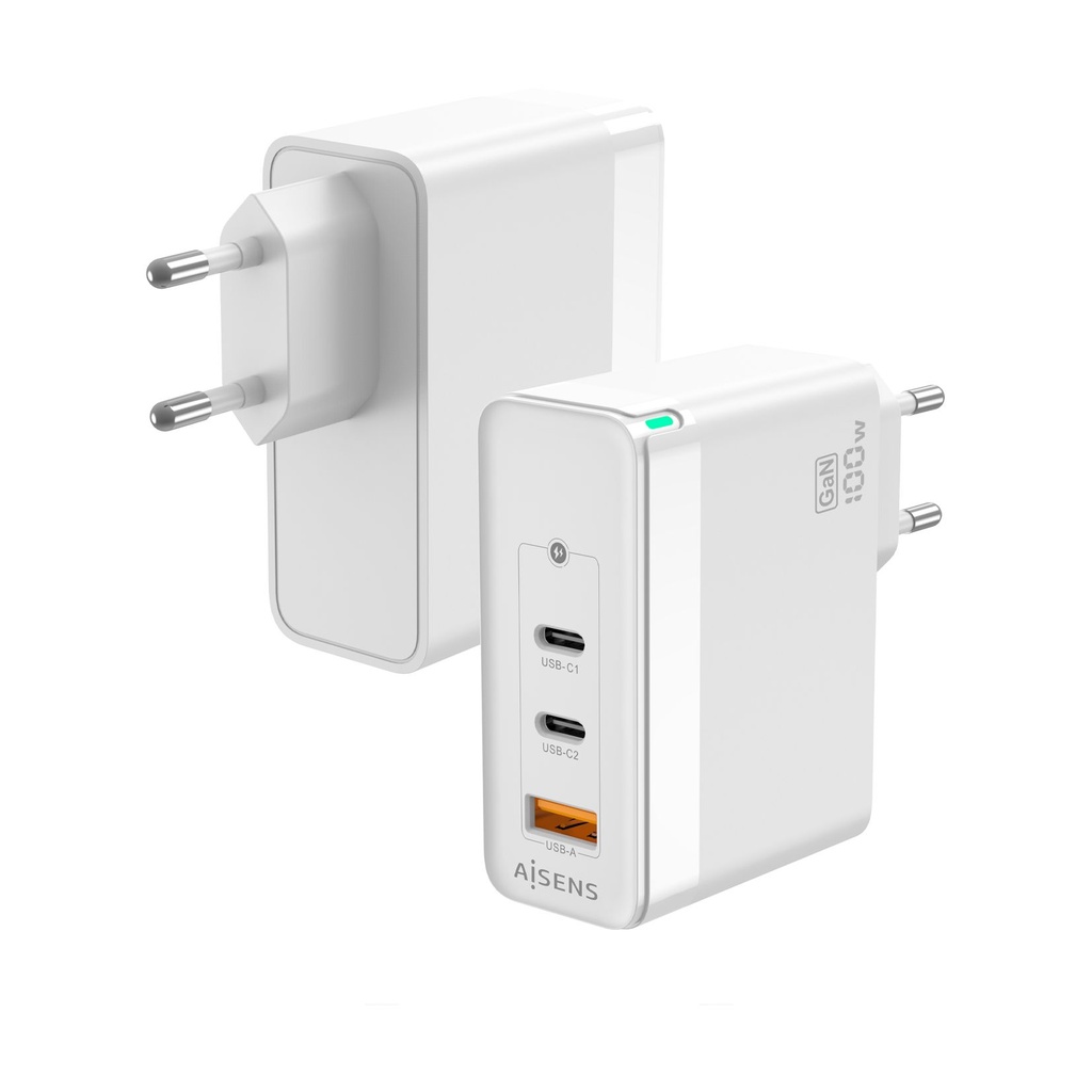 Aisens GaN Wall Charger ASCH-100W3P008-W/ 2xUSB Type-C/ 1x USB/ 100W