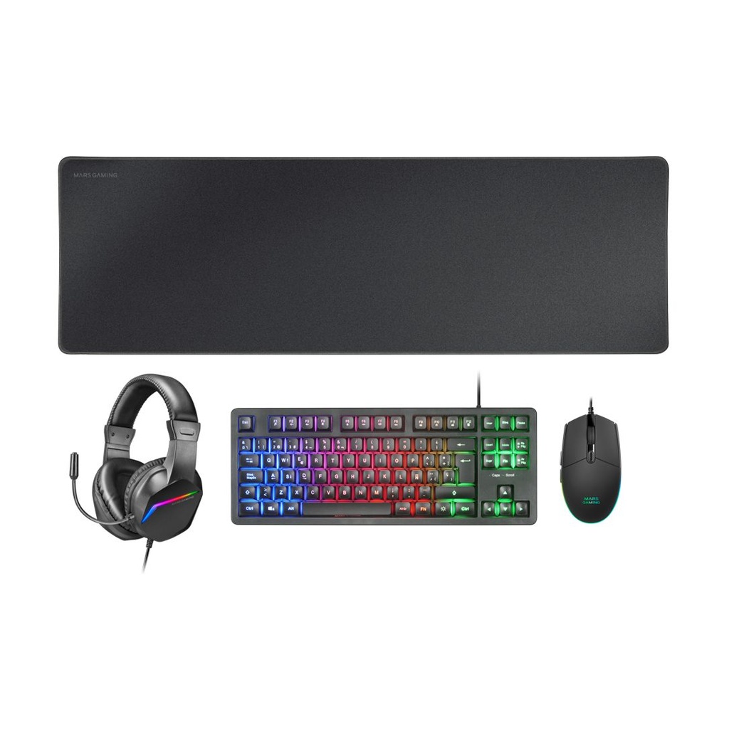 Pack Gaming Mars Gaming MCP-RGB3/ Teclado RGB + Ratón Óptico + Alfombrilla XXL + Auriculares