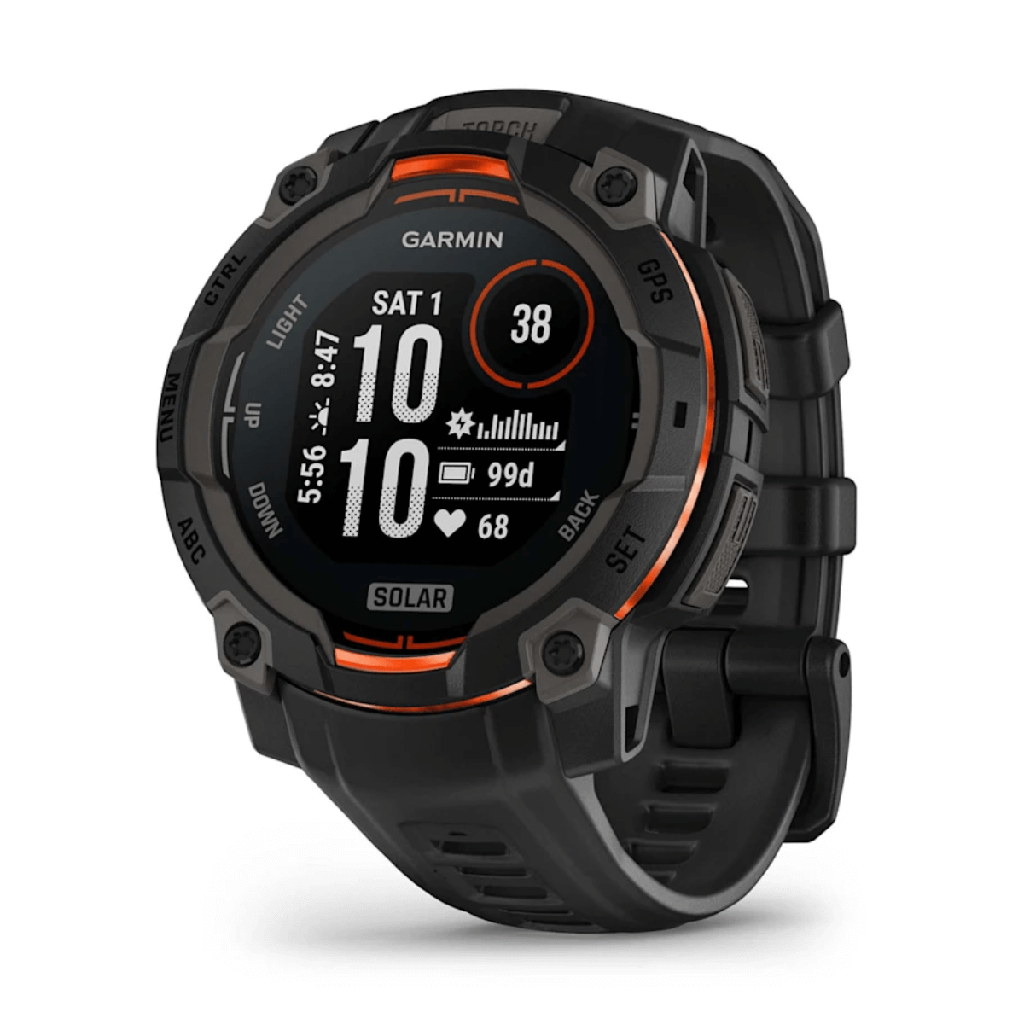 Relógio inteligente Garmin Instinct 3 Solar GPS de 45 mm, preto, com pulseira preta.