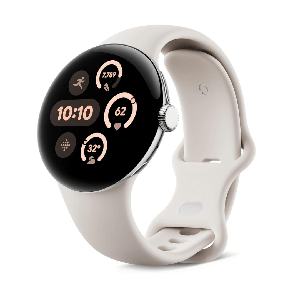 Google Pixel Watch 3 45mm WiFi Silber (poliertes Silber) und weißes Sportarmband (Porcelain)