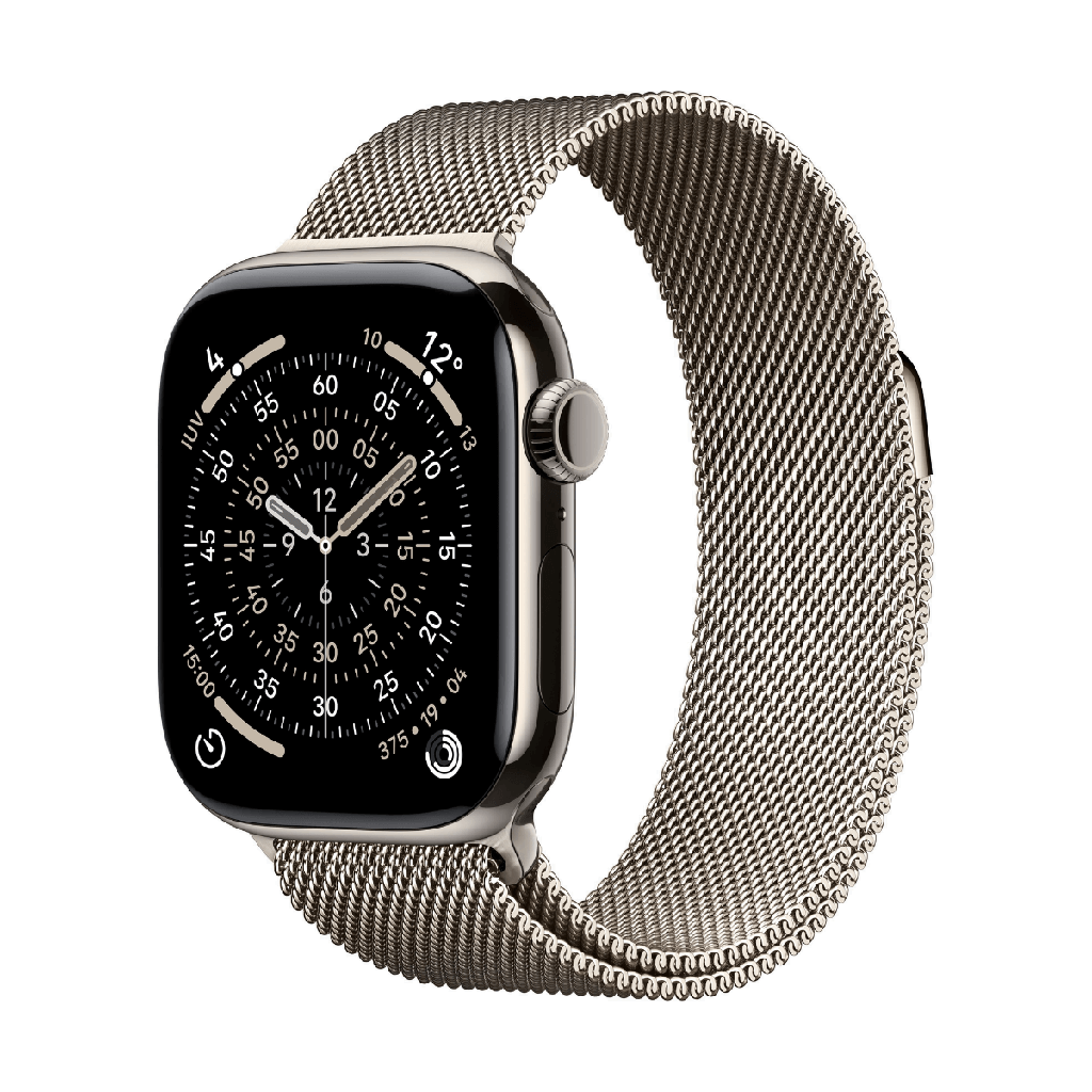 Apple Watch Series 10 GPS + Cellular 46 mm, Armband aus natürlichem Titan und Milanaise-Armband aus natürlichem Titan – Größe M/L