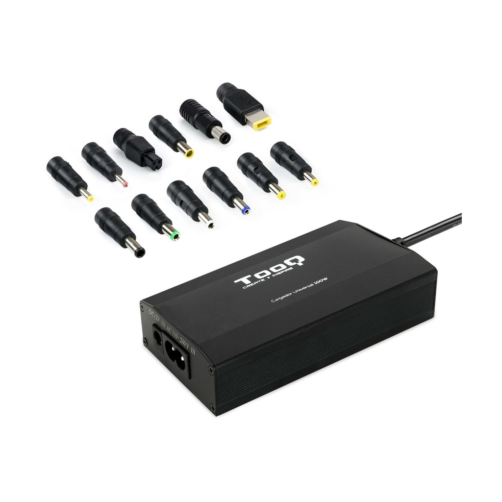 Cargador de Portátil TooQ TQLC-100BS01M/ 100W/ Manual/ 12 Conectores/ Voltaje 12-24V/ 1 USB