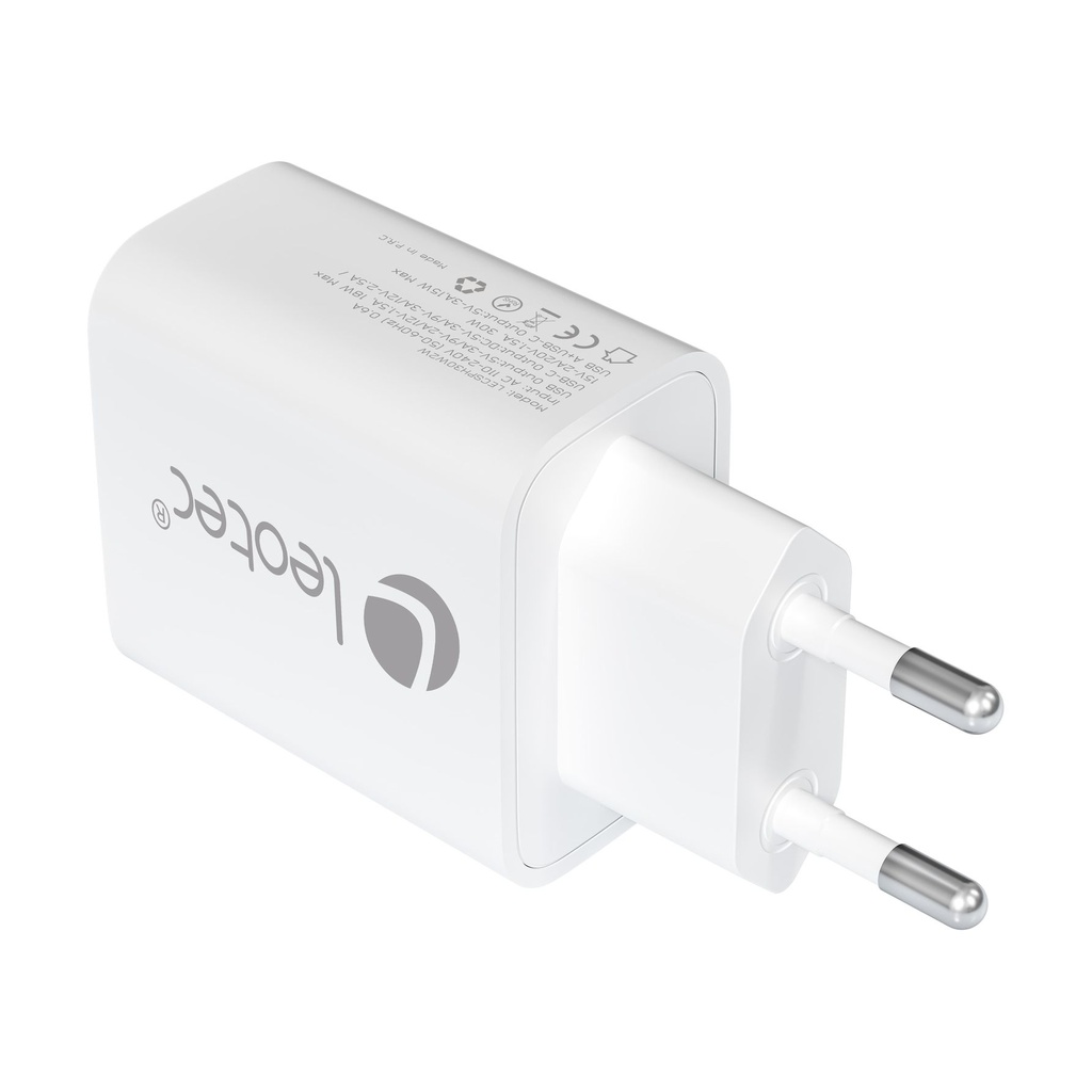 Cargador de Pared GaN Leotec LECSPH30W2W/ 1xUSB Tipo-C/ 1xUSB/ 30W