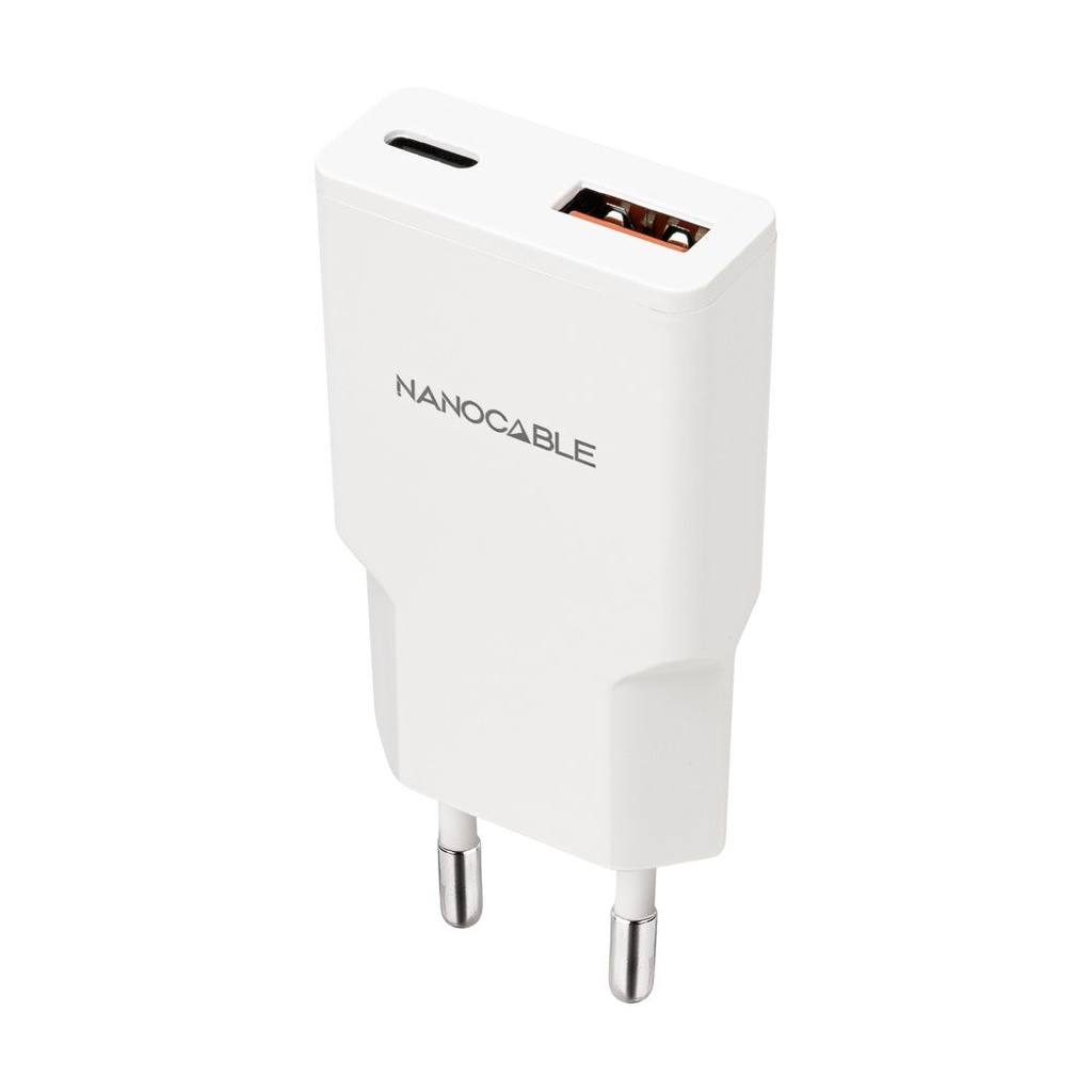 Cargador de Pared Nanocable 10.10.2022/ 1xUSB Tipo-C/ 1xUSB/ 20W/ Blanco