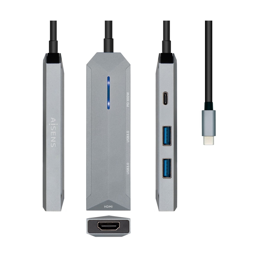Docking USB Tipo-C Aisens ASUC-4P002-GR/ 1xHDMI 4K/ 2xUSB/ 1xUSB Tipo-C PD/ Gris