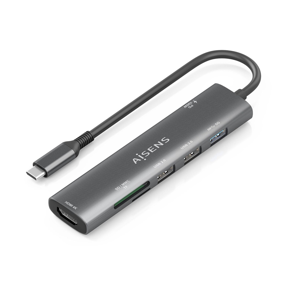 Docking USB Tipo-C Aisens ASUC-7P025-GR/ 1xHDMI 4K/ 3xUSB/ 1xUSB Tipo-C PD/ 1xLector Tarjetas/ Gris