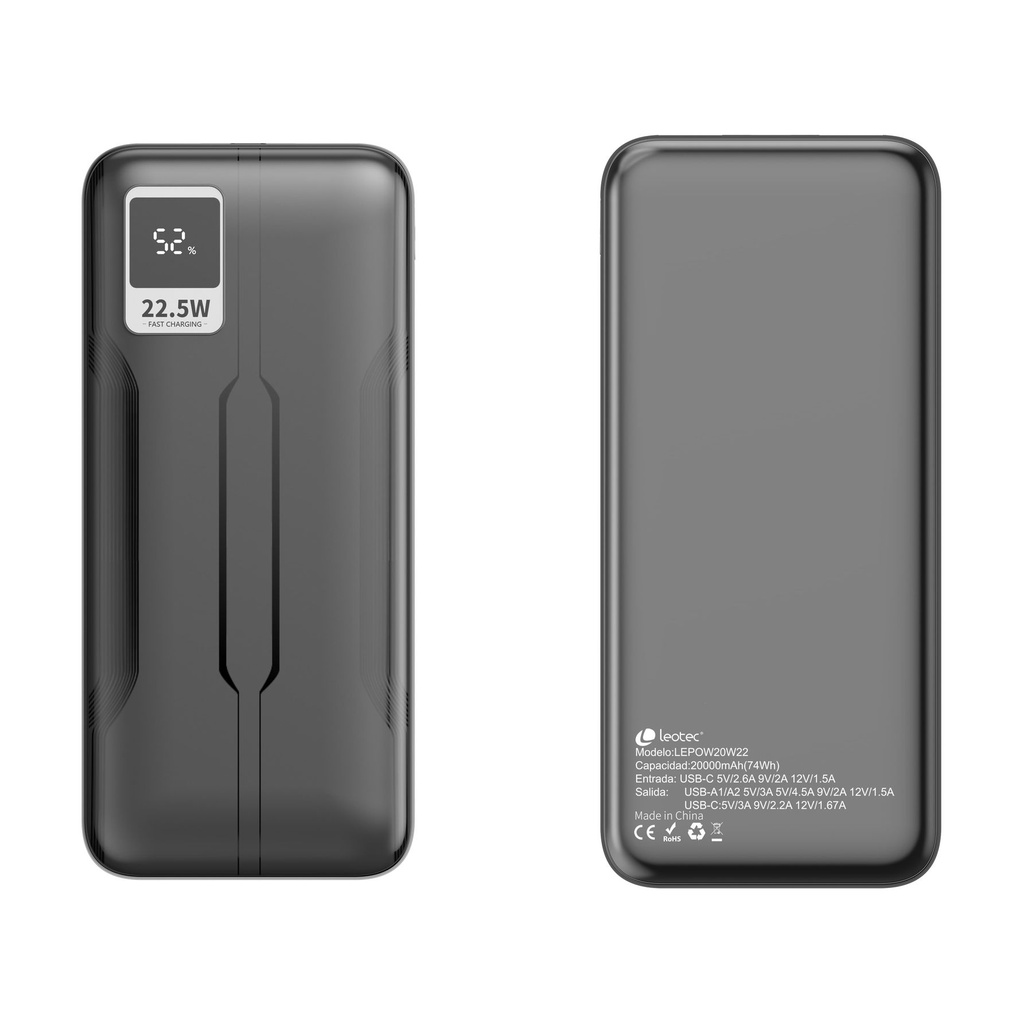 Powerbank 20000mAh Leotec LEPOW20W22K/ 22.5W/ Negra