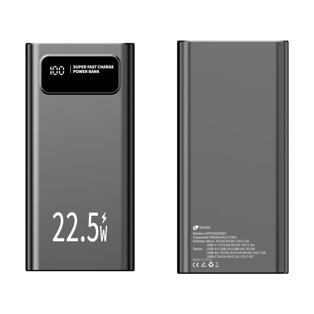 Powerbank 30000mAh Leotec LEPOW30W22W/ 22.5W/ Negra