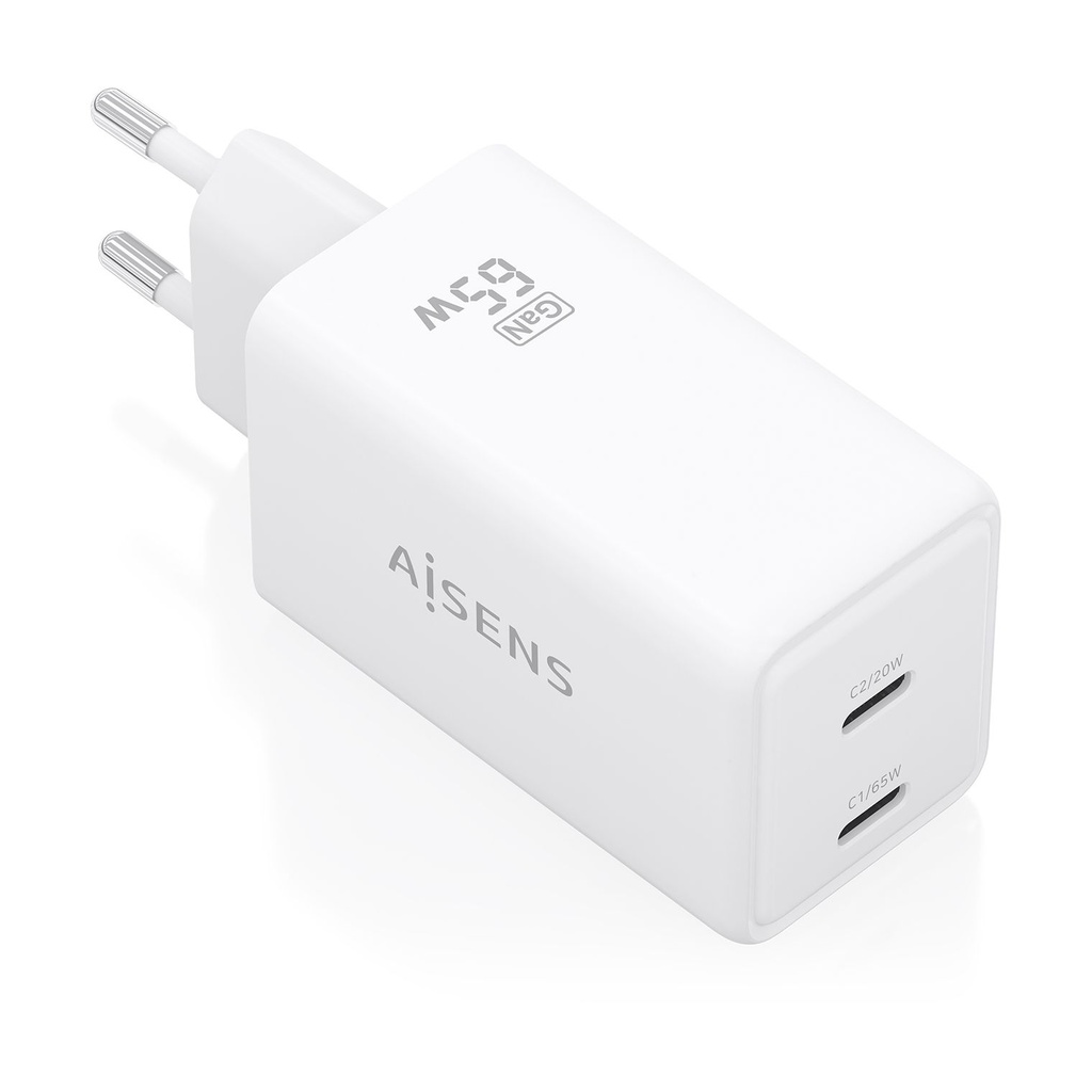 Cargador de Pared GaN Aisens ASCH-65W2P078-W/ 2xUSB Tipo-C/ 65W/ Blanco