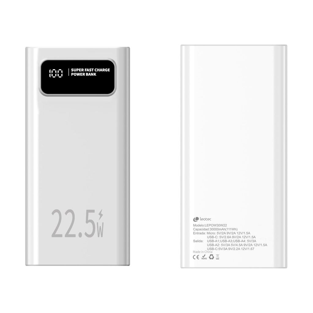 Powerbank 30000mAh Leotec LEPOW30W22W/ 22.5W/ Blanca