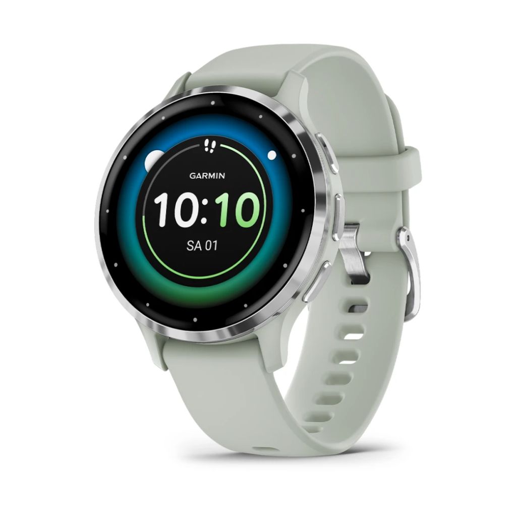 Garmin Venu 3S 41 mm, lunette en acier inoxydable argenté et bracelet en silicone vert