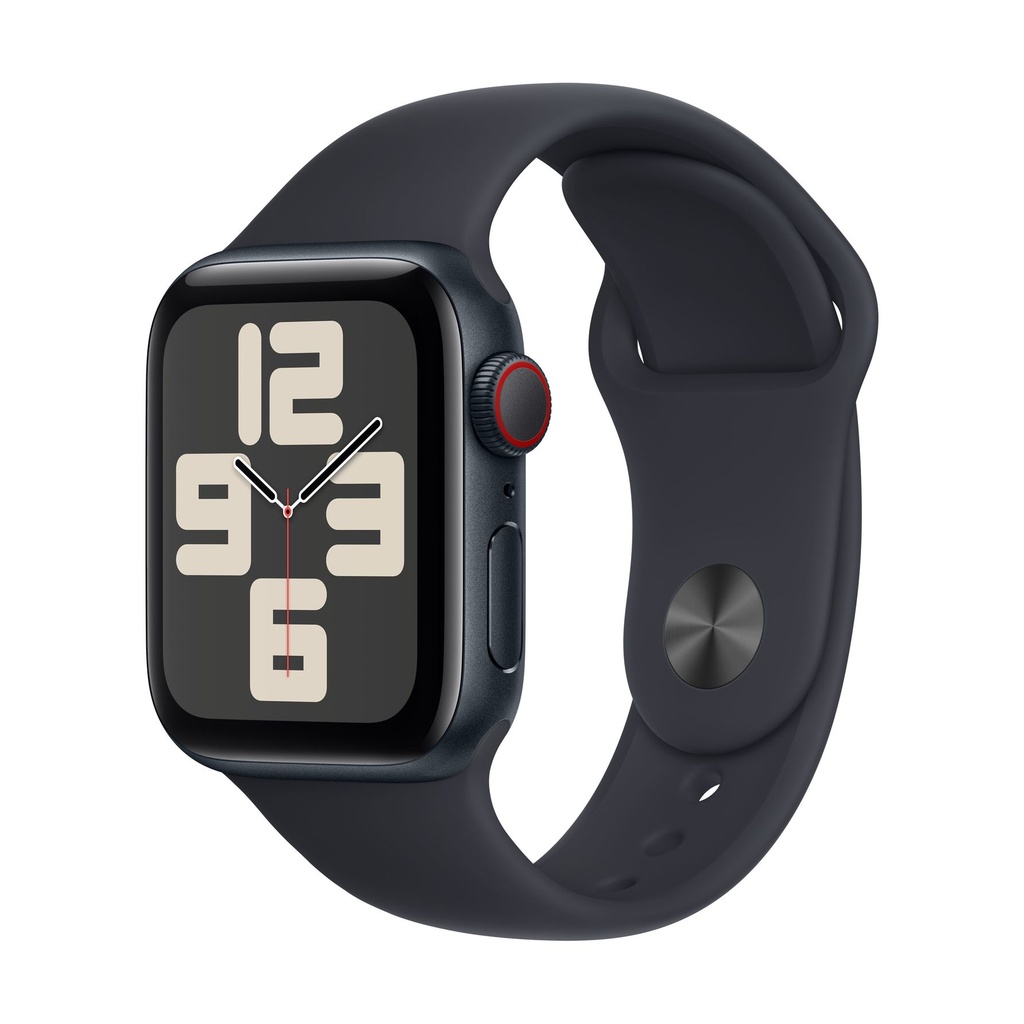 Apple Watch SE (2e génération) 2023 GPS + Cellular 40 mm, boîtier aluminium et bracelet sport noir (Minuit) - Taille S/M