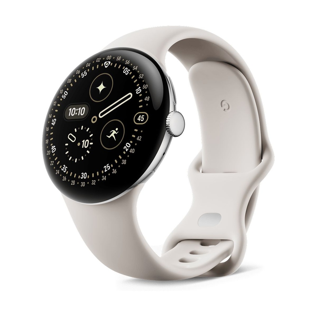 Google Pixel Watch 4 45 mm WiFi Silber (Silver) und weißes Armband (Porcelain) GA09308-EU