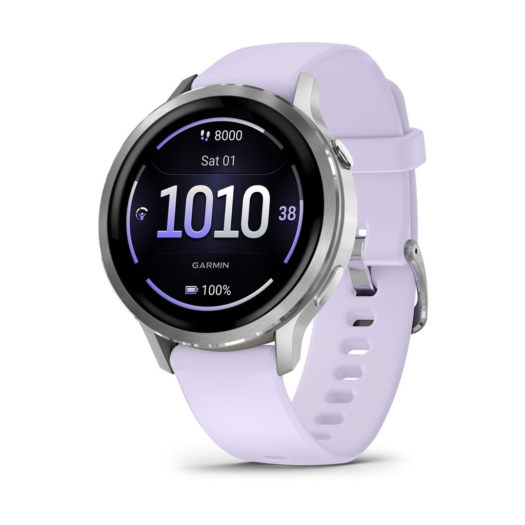 Orologio GPS Garmin Venu 4 da 41 mm, cassa in acciaio inossidabile color argento e cinturino in silicone lilla (Periwinkle)