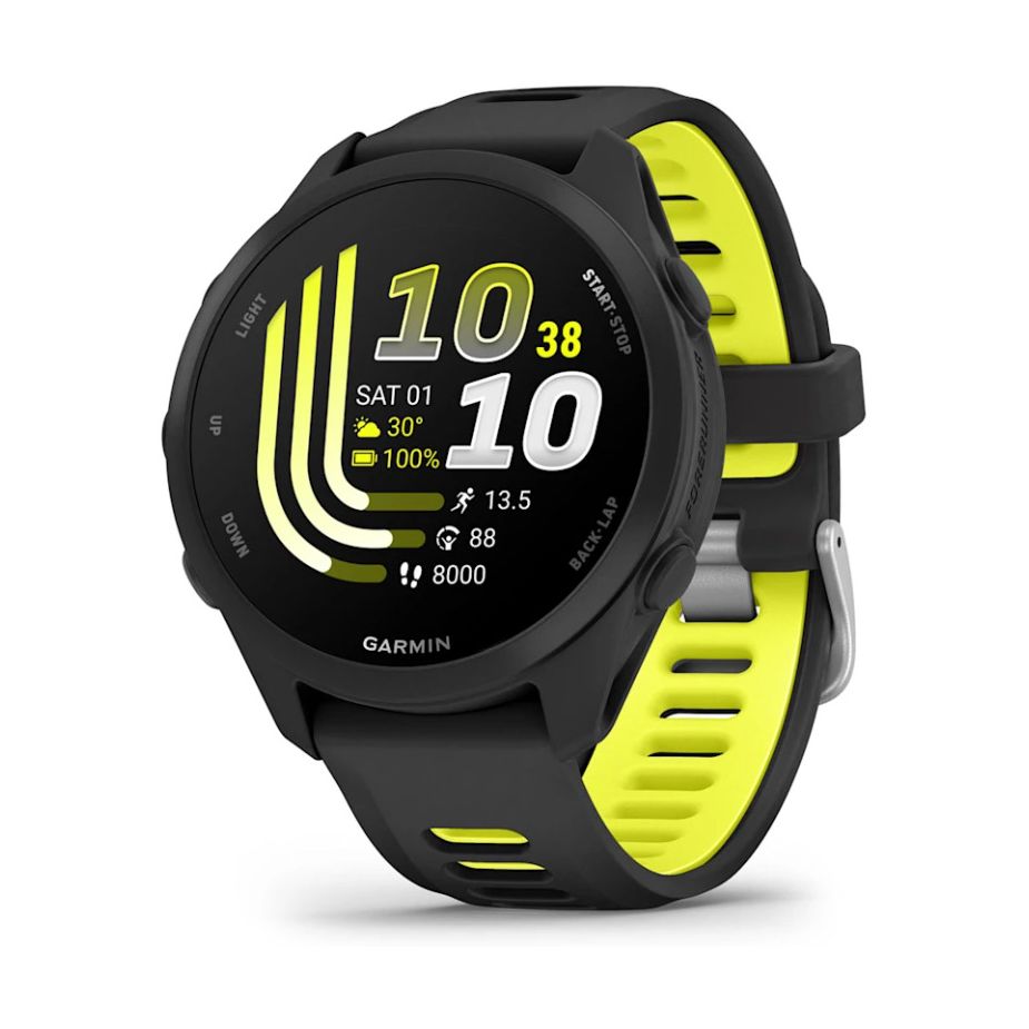 Relógio inteligente Garmin Forerunner 170 Music de 42 mm, preto, com bracelete preta/amarela.