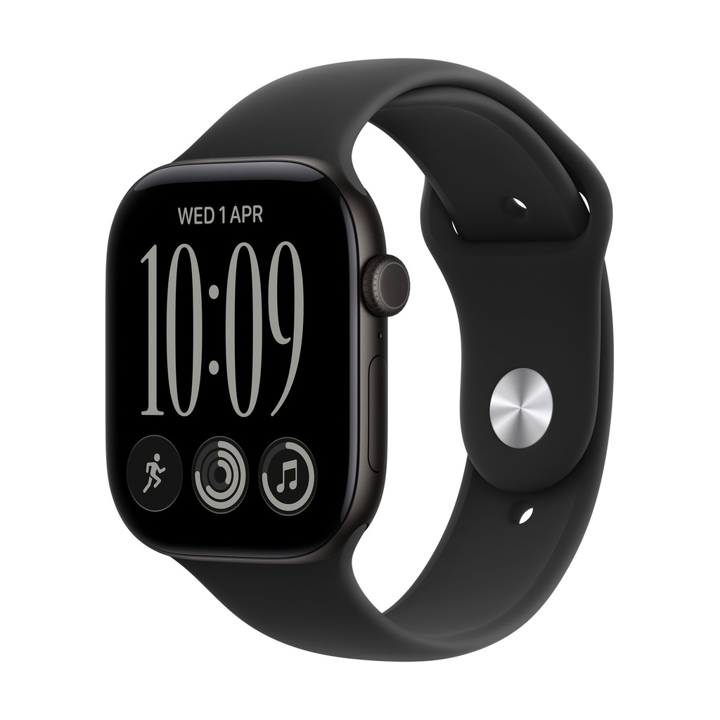Apple Watch Series 12 GPS 42 mm Aluminium Schwarz mit schwarzem Sportarmband – Größe M/L