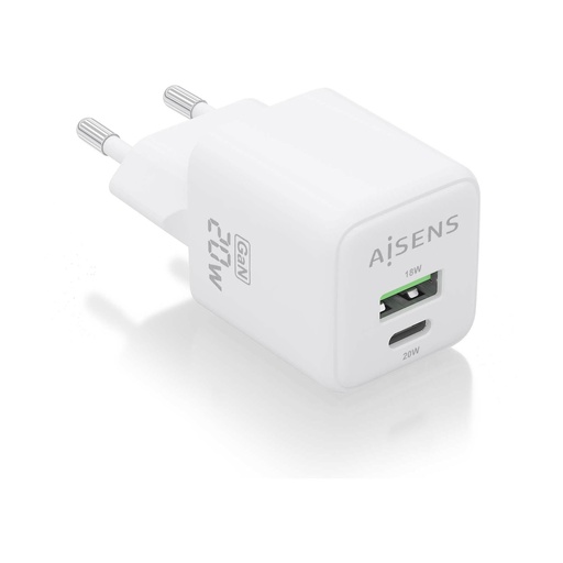 [MDMX1107750] Cargador de Pared GaN Aisens ASCH-20W2P010-W/ 1xUSB Tipo-C/ 1xUSB/ 20W