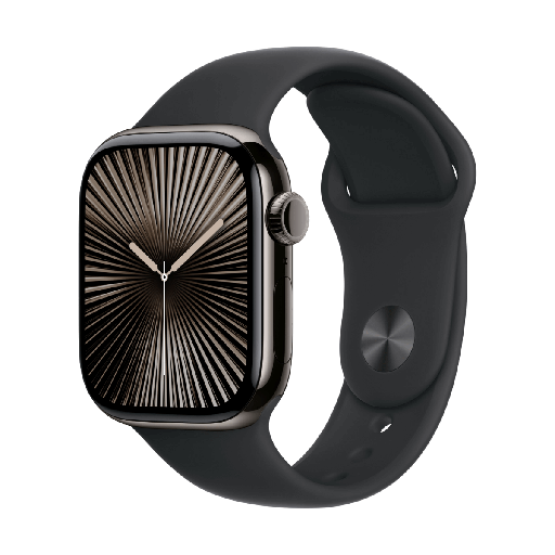 [APWHS10LTE42TBKCSBBKSM] Apple Watch Series 10 GPS + Cellular 42 mm Titanschwarz (Slate) mit schwarzem Sportarmband – Größe S/M